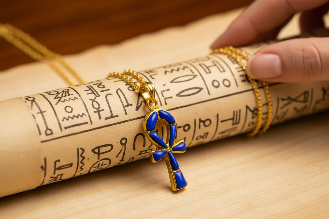 Gold Ankh Lapis Lazuli Pendant Necklace, Egyptian Talisman Jewelry