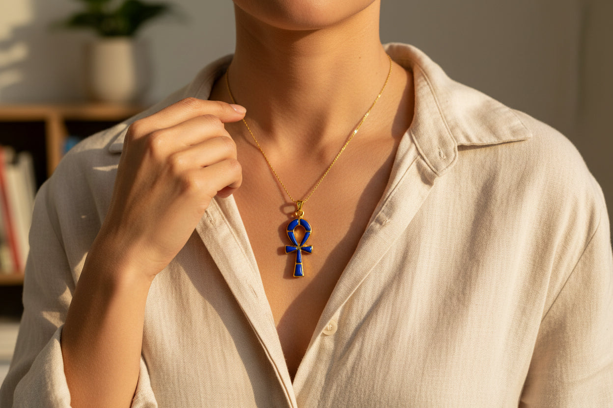 Gold Ankh Lapis Lazuli Pendant Necklace, Egyptian Talisman Jewelry