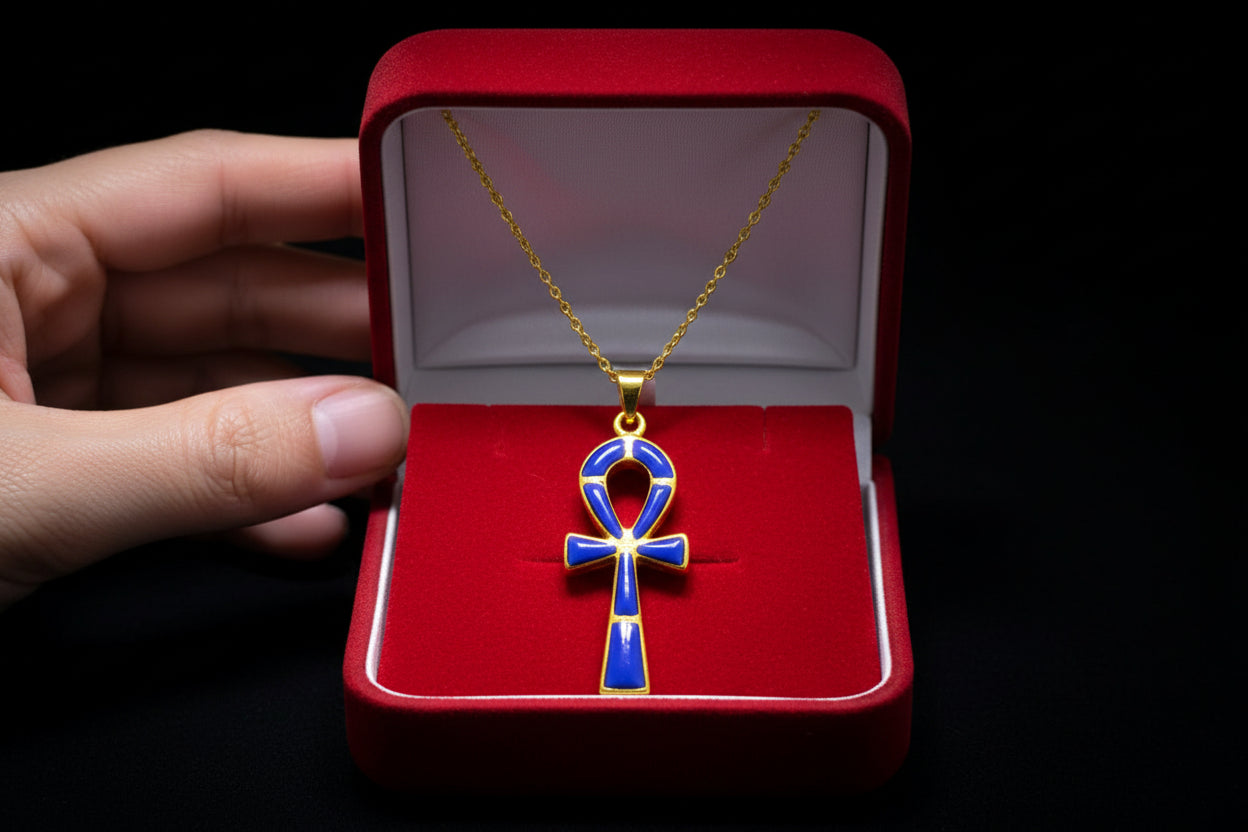 Gold Ankh Lapis Lazuli Pendant Necklace, Egyptian Talisman Jewelry