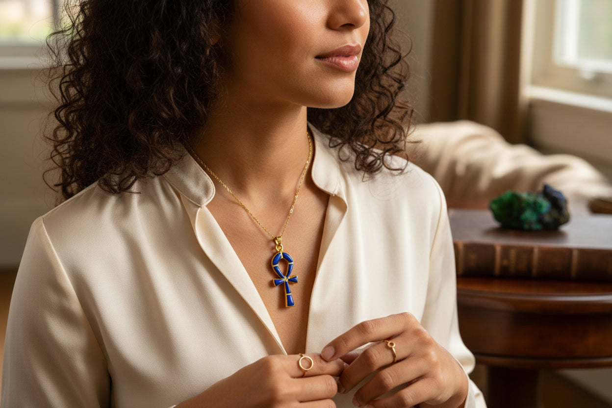 Gold Ankh Lapis Lazuli Pendant Necklace, Egyptian Talisman Jewelry