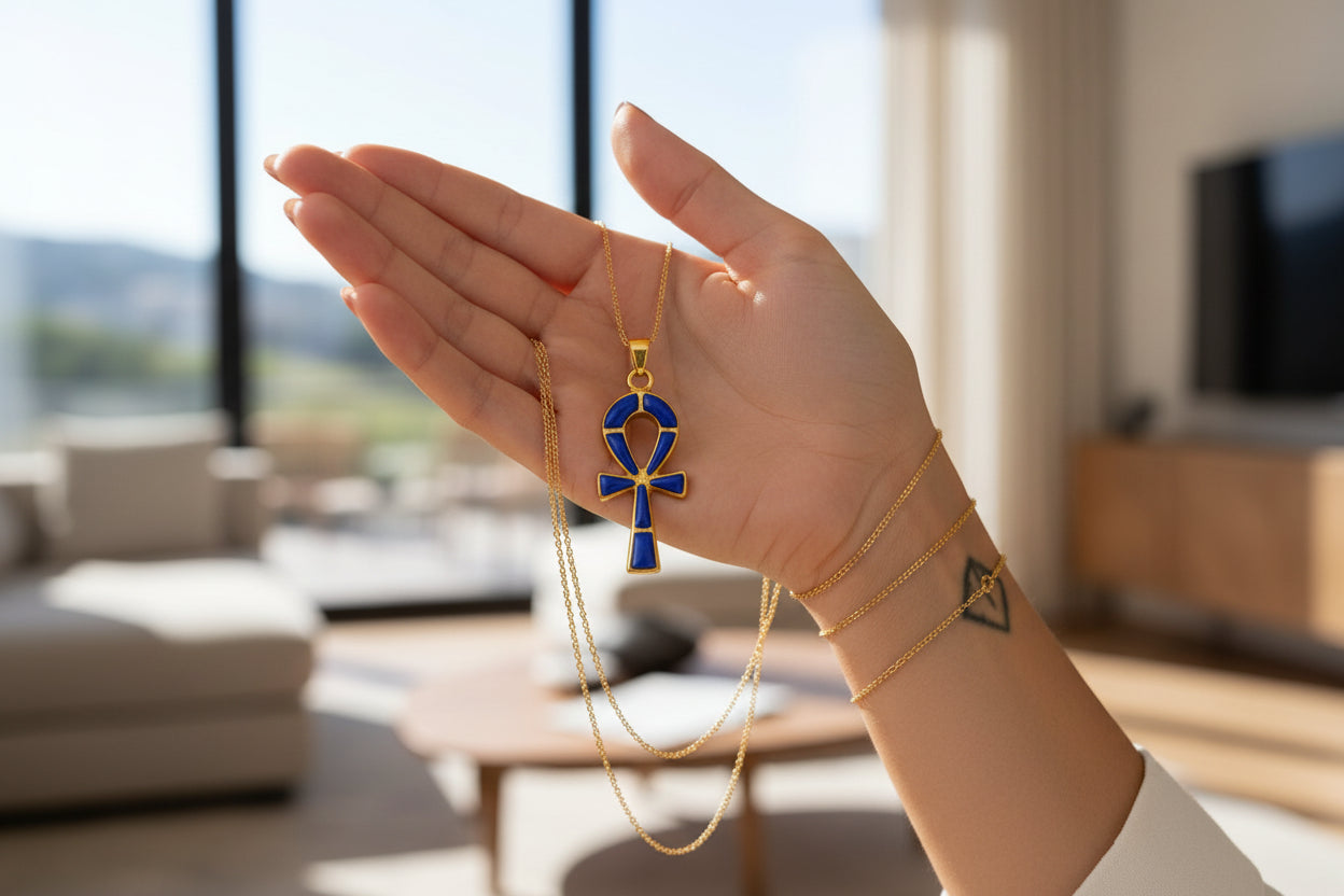 Gold Ankh Lapis Lazuli Pendant Necklace, Egyptian Talisman Jewelry