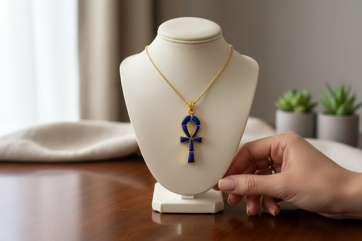 Gold Ankh Lapis Lazuli Pendant Necklace, Egyptian Talisman Jewelry