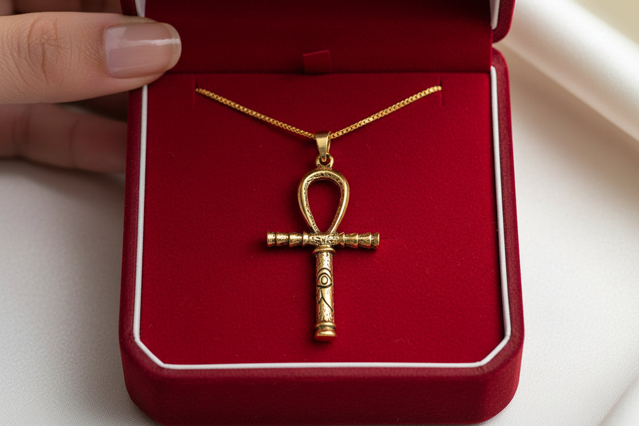 Gold Ankh Necklace, Egyptian Key of Life Talisman Pendant