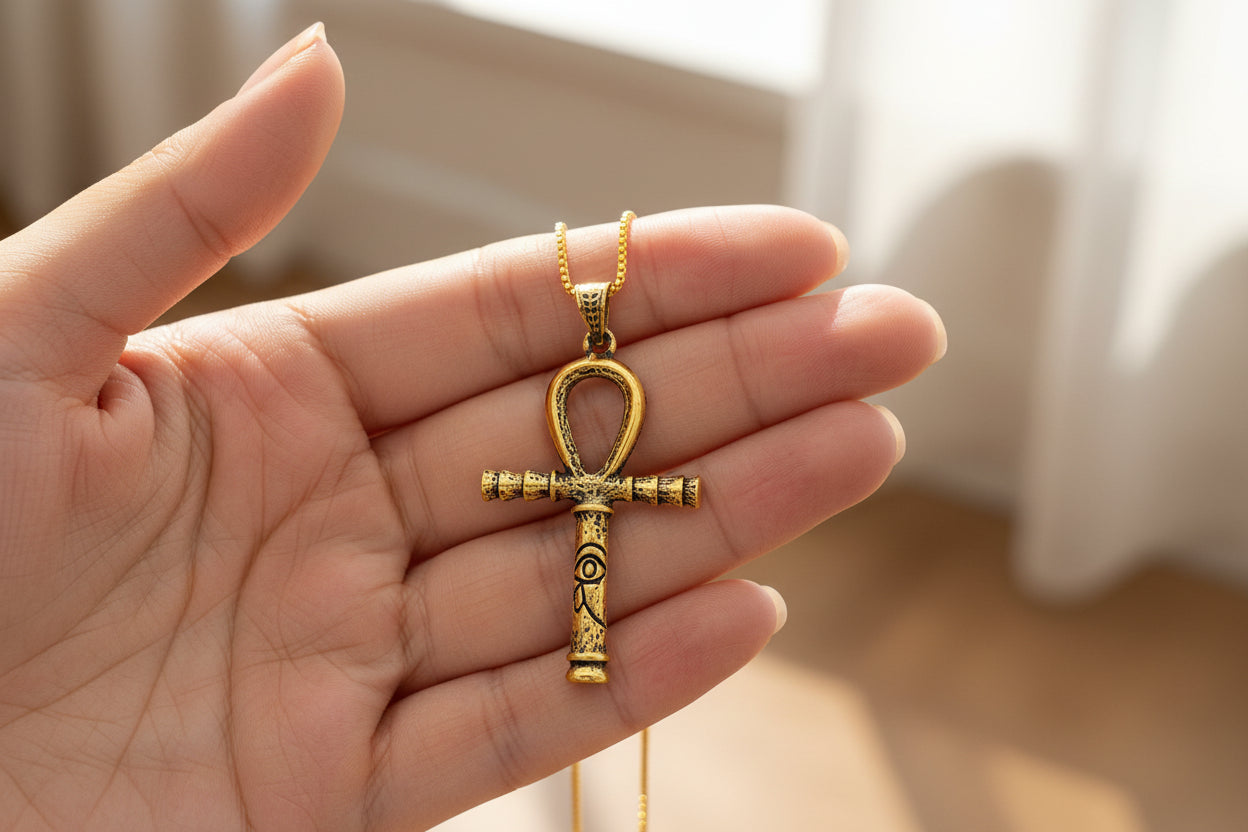 Gold Ankh Necklace, Egyptian Key of Life Talisman Pendant
