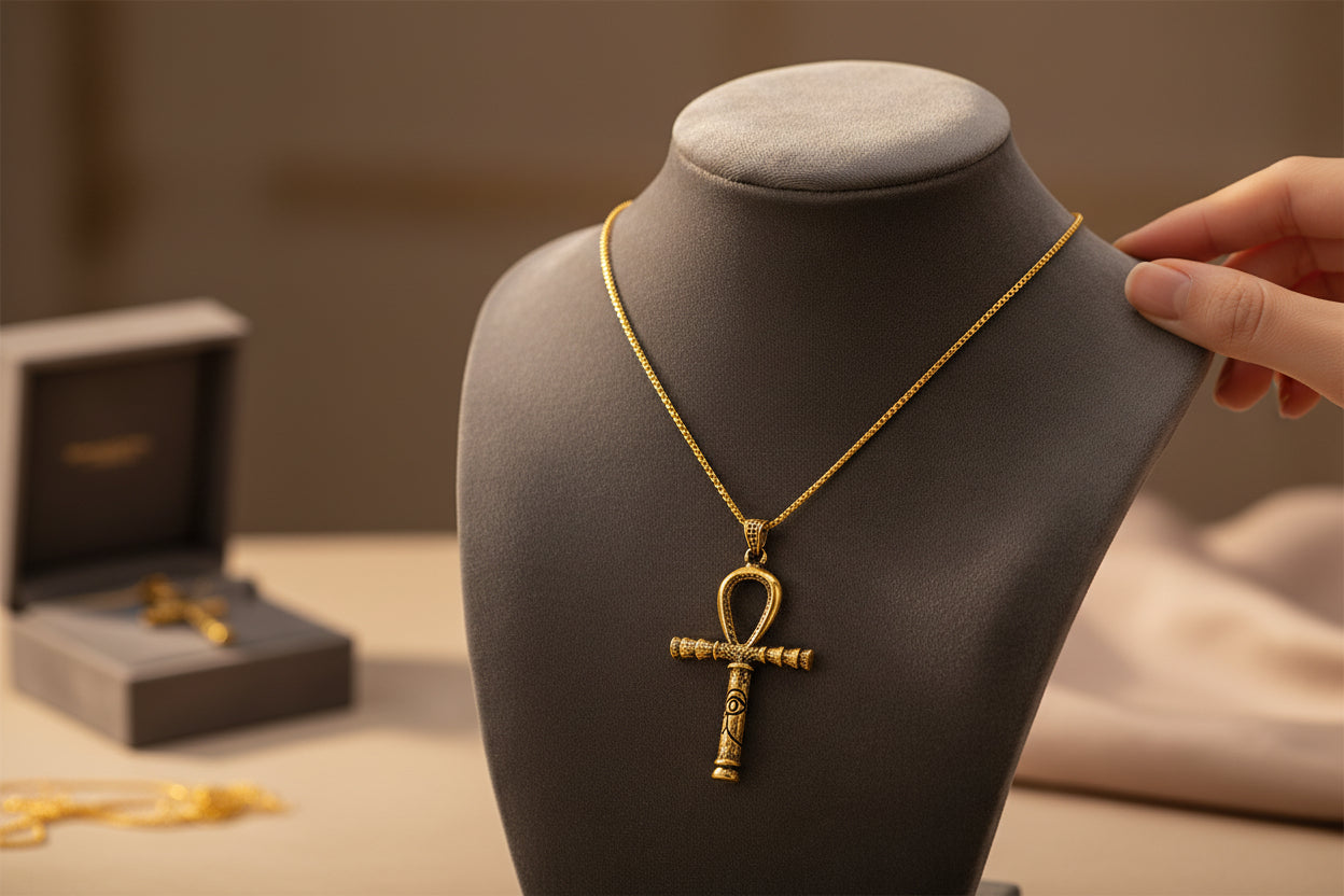 Gold Ankh Necklace, Egyptian Key of Life Talisman Pendant