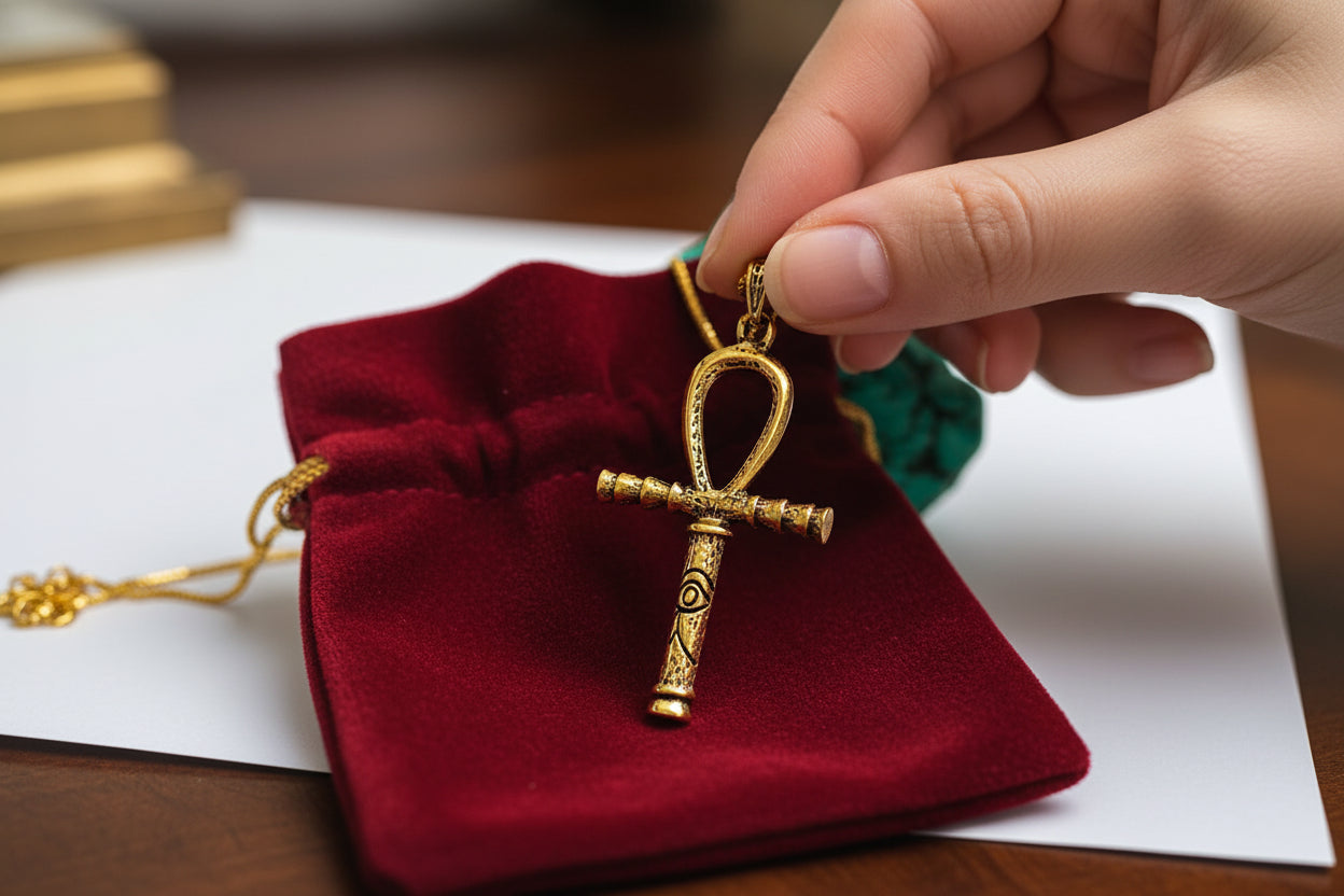 Gold Ankh Necklace, Egyptian Key of Life Talisman Pendant