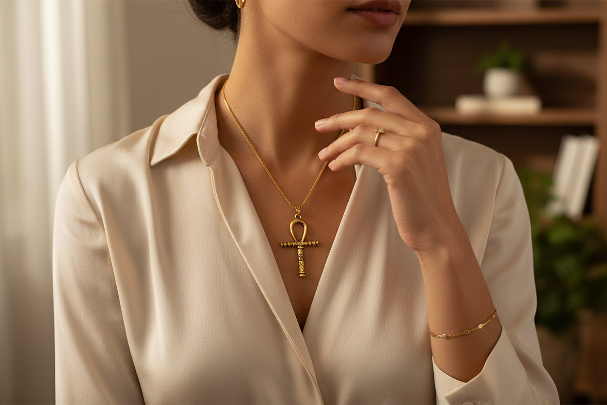 Gold Ankh Necklace, Egyptian Key of Life Talisman Pendant