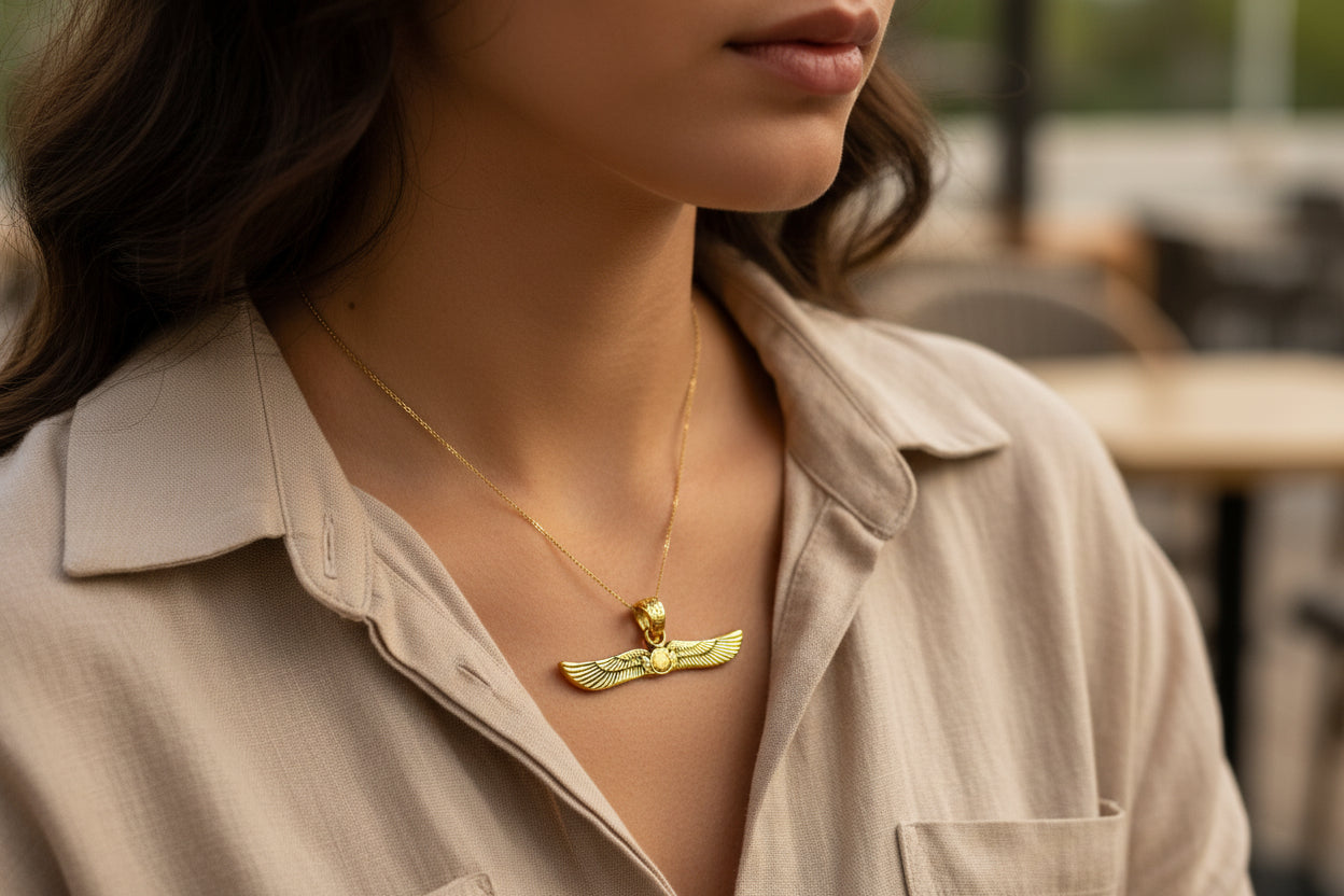 Gold Winged Sun Disk Pendant, Egyptian Revival Talisman Necklace