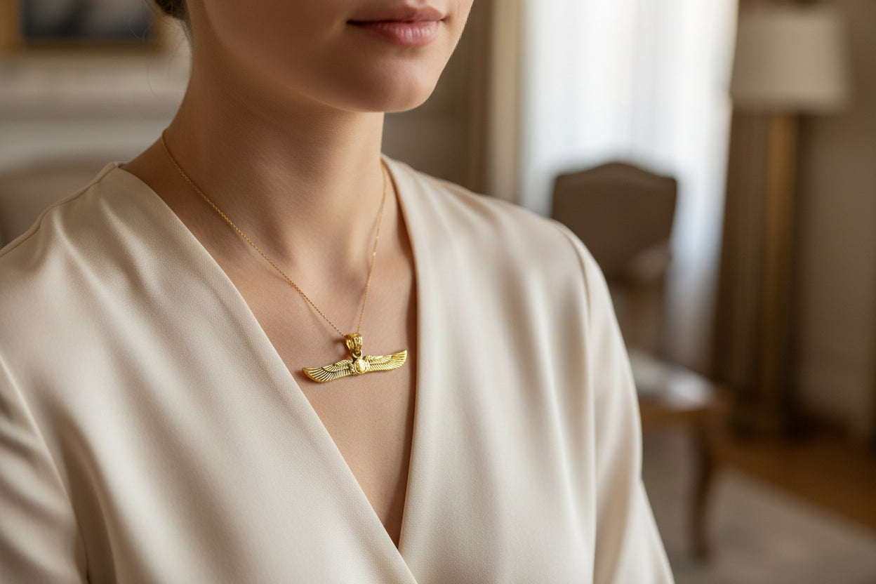 Gold Winged Sun Disk Pendant, Egyptian Revival Talisman Necklace