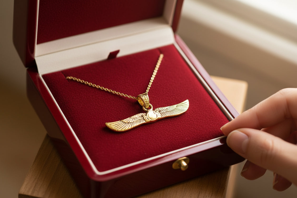 Gold Winged Sun Disk Pendant, Egyptian Revival Talisman Necklace