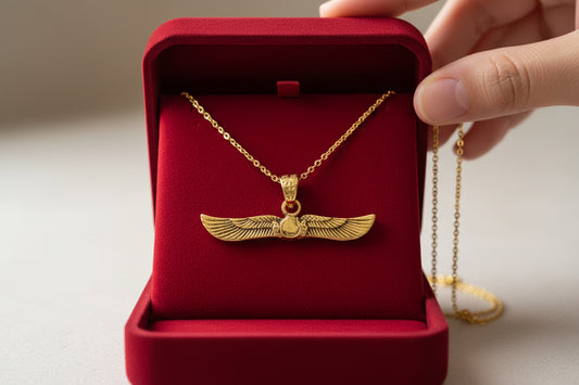 Gold Winged Sun Disk Pendant, Egyptian Revival Talisman Necklace