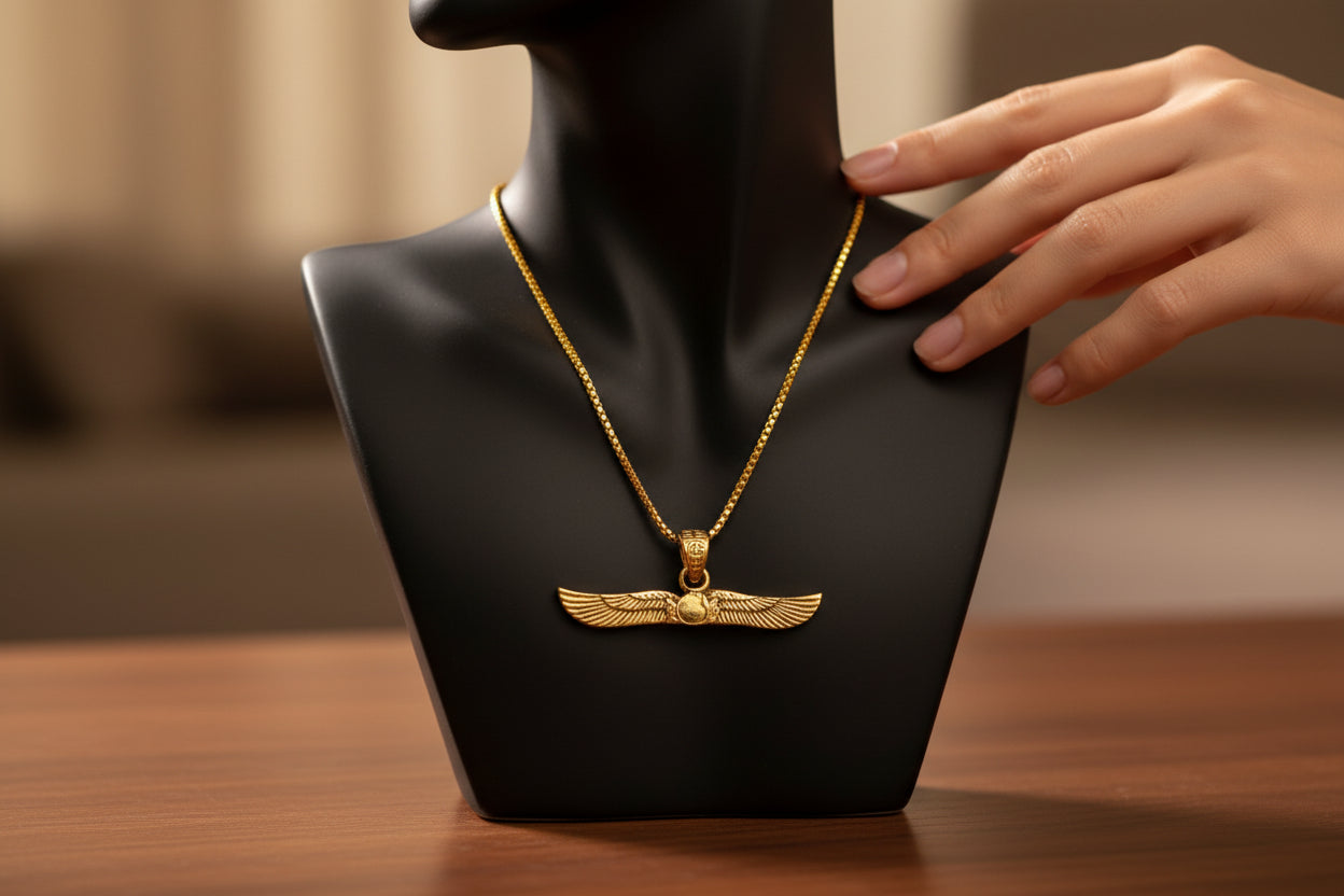 Gold Winged Sun Disk Pendant, Egyptian Revival Talisman Necklace