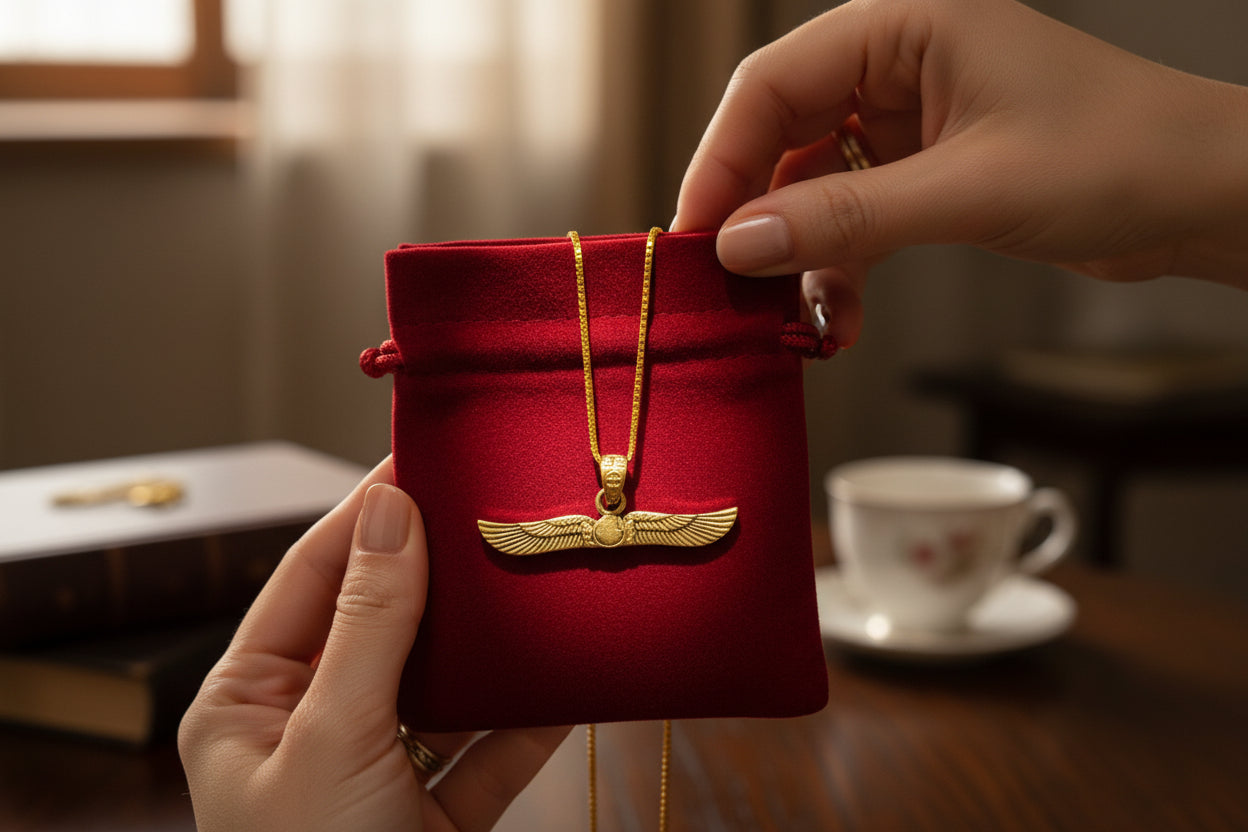 Gold Winged Sun Disk Pendant, Egyptian Revival Talisman Necklace