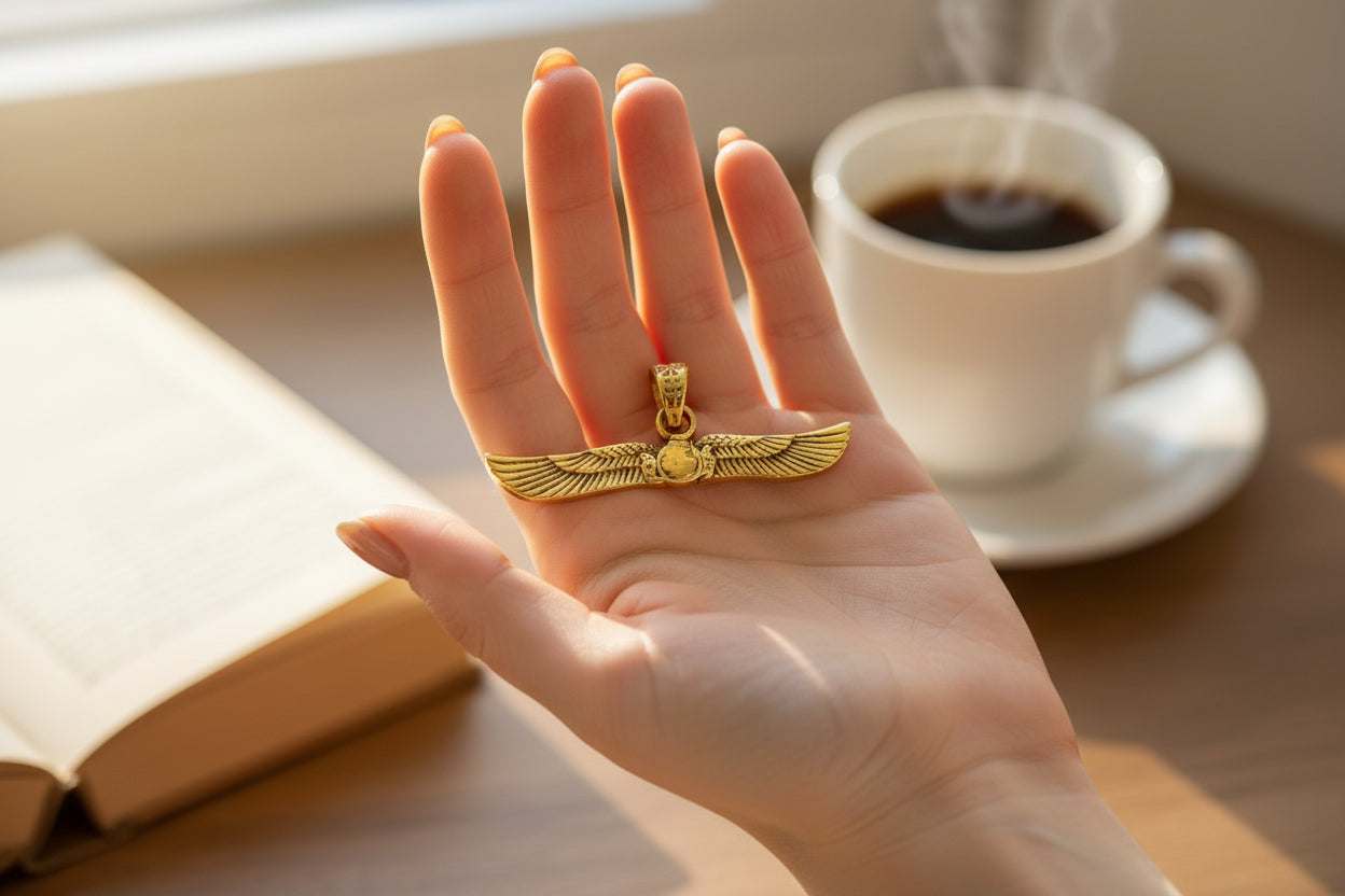 Gold Winged Sun Disk Pendant, Egyptian Revival Talisman Necklace
