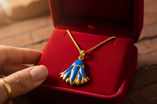 Gold Sparkle Blue Opal Lotus Flower Pendant, Egyptian Necklace