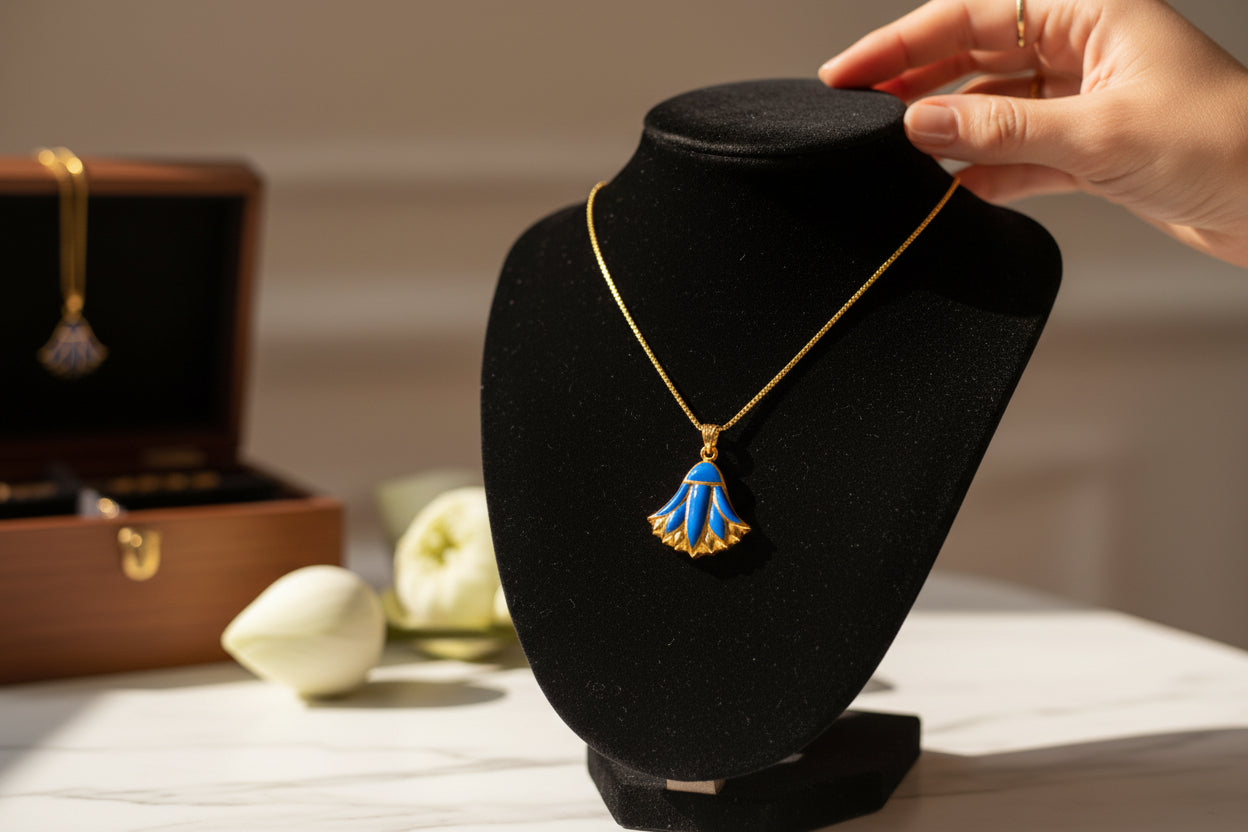 Gold Sparkle Blue Opal Lotus Flower Pendant, Egyptian Necklace