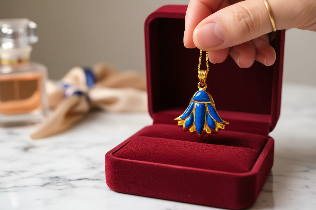 Gold Sparkle Blue Opal Lotus Flower Pendant, Egyptian Necklace