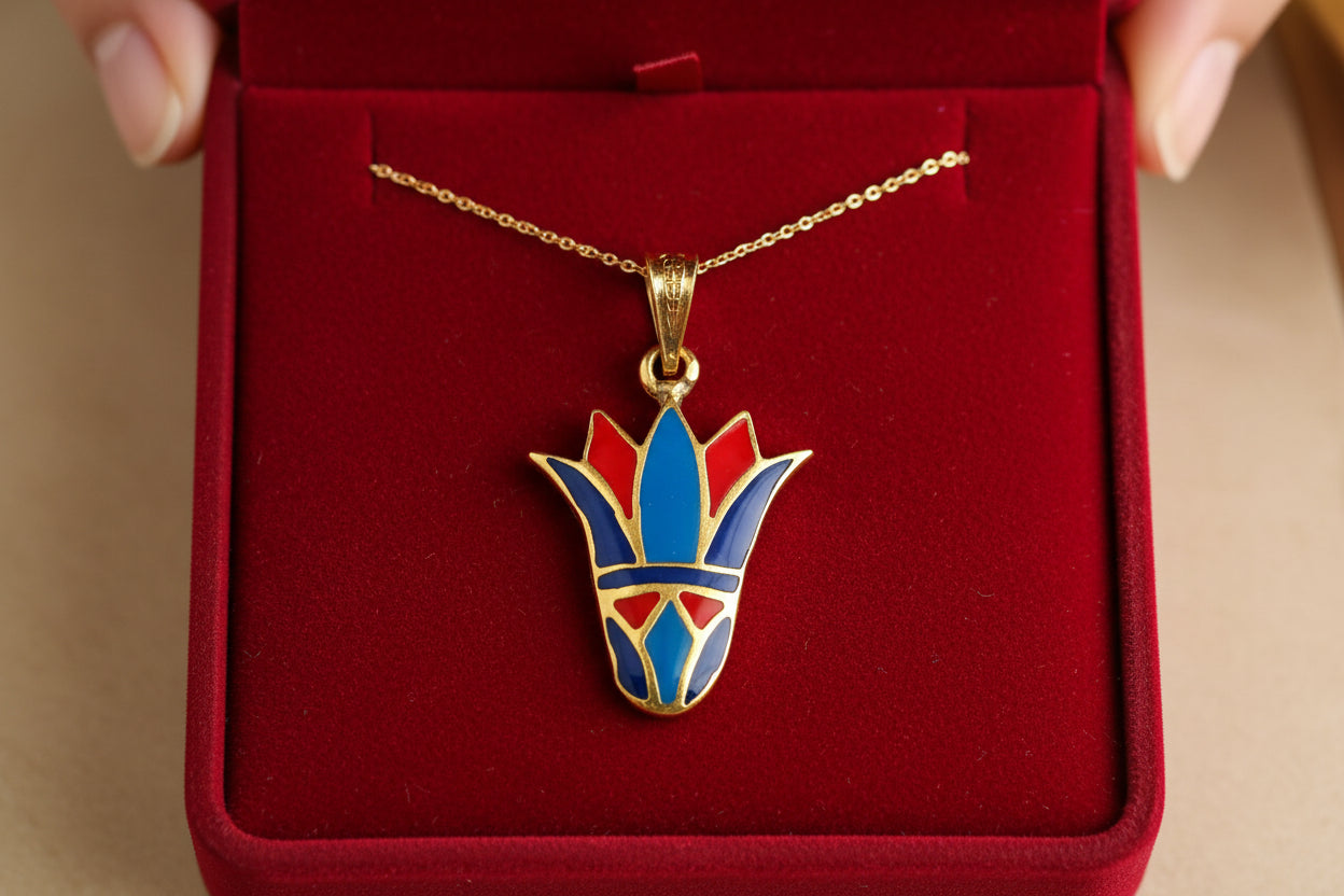 Enamel Lotus Flower Pendant, Gold Egyptian Jewelry Gift Necklace