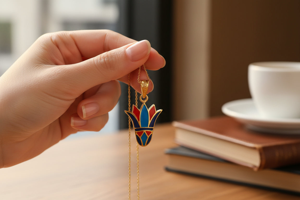 Enamel Lotus Flower Pendant, Gold Egyptian Jewelry Gift Necklace