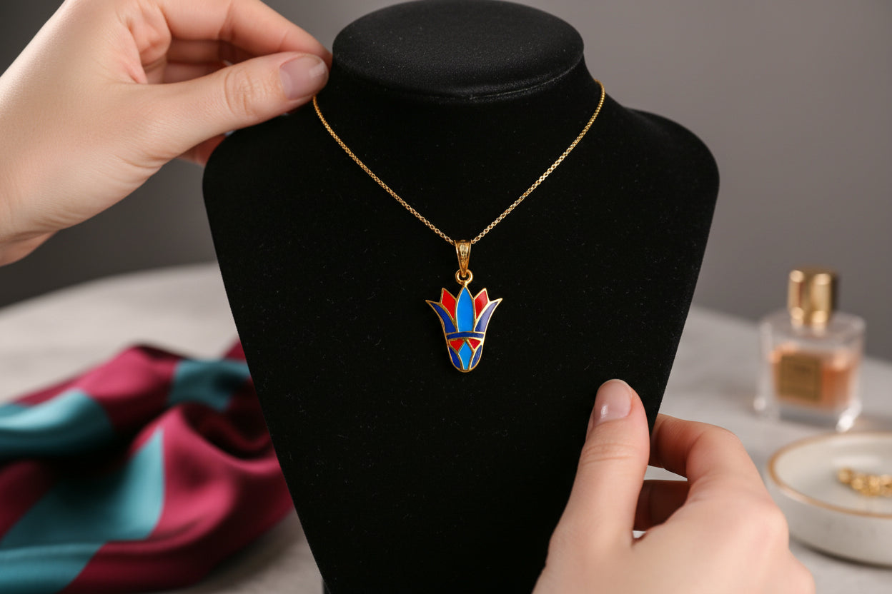 Enamel Lotus Flower Pendant, Gold Egyptian Jewelry Gift Necklace