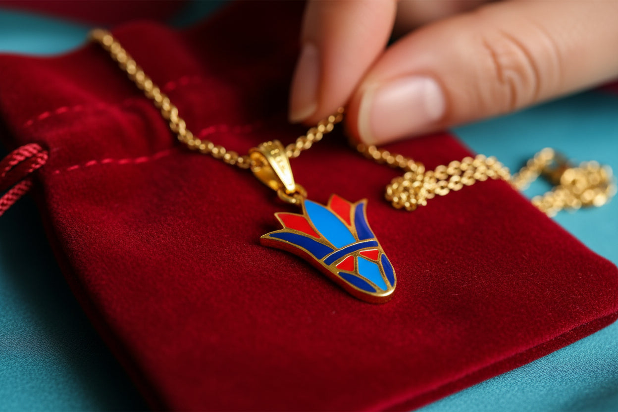 Enamel Lotus Flower Pendant, Gold Egyptian Jewelry Gift Necklace