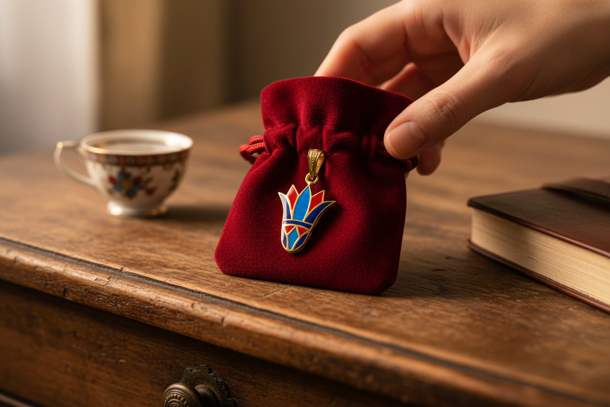 Enamel Lotus Flower Pendant, Gold Egyptian Jewelry Gift Necklace
