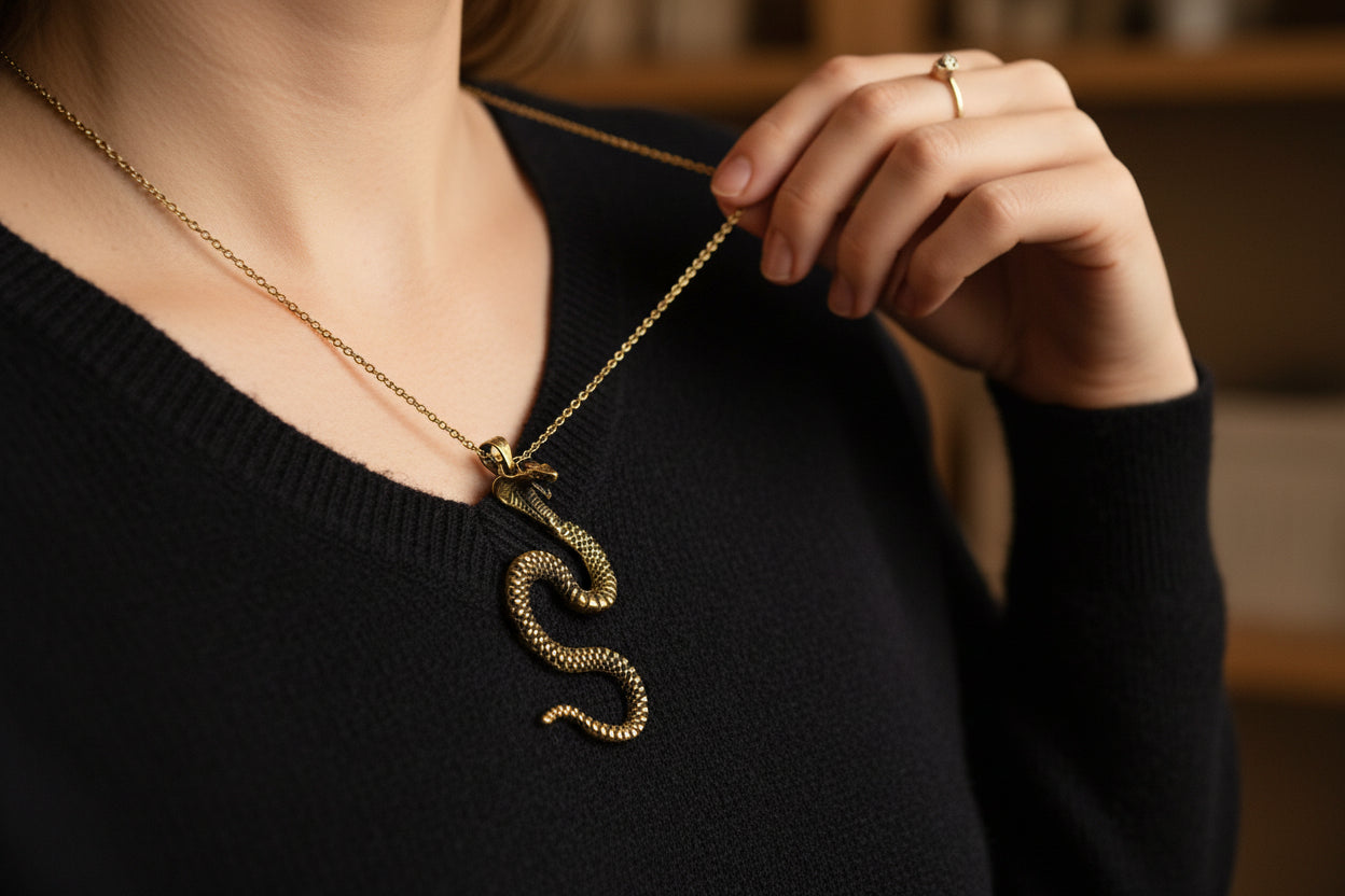 Gold Wadjet Snake Pendant Necklace, Egyptian Goddess Jewelry
