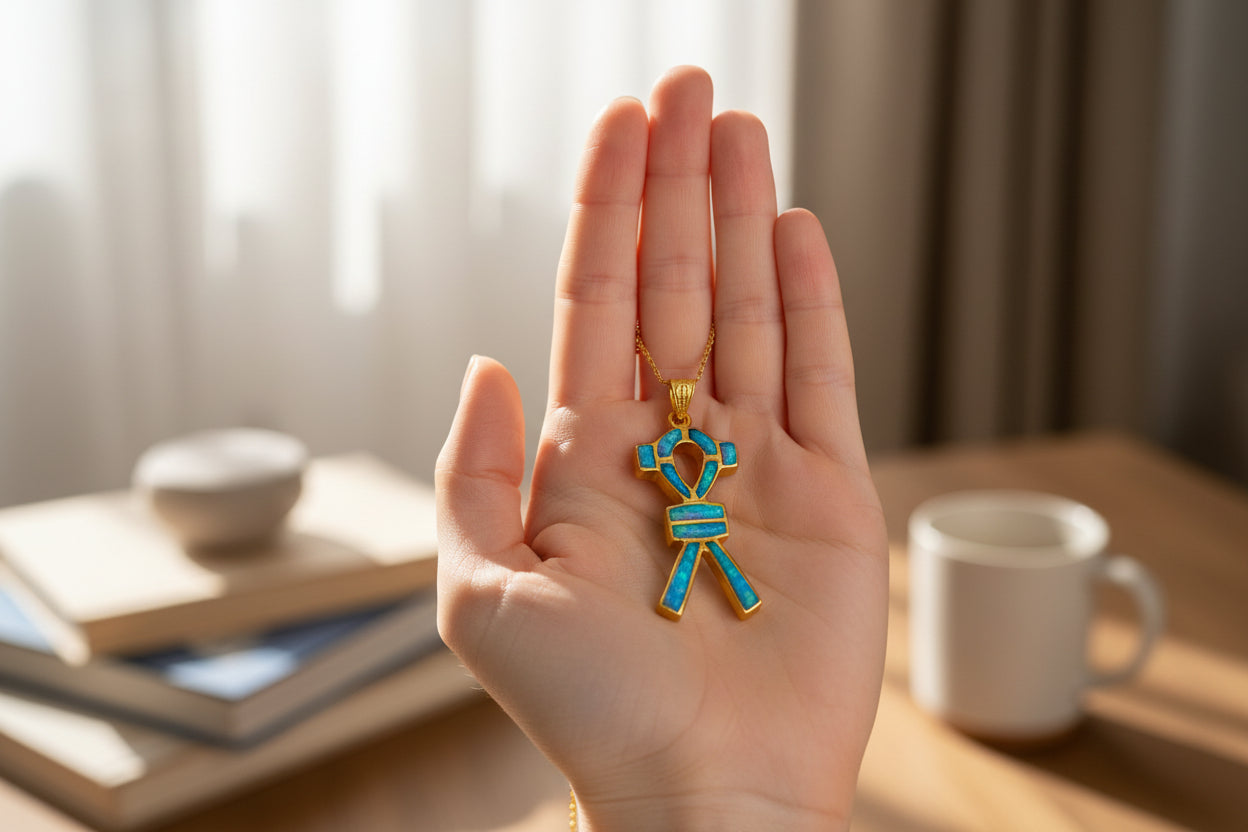 Gold SAA Amulet Opal Pendant, Egyptian Talisman Jewelry Gift Necklace