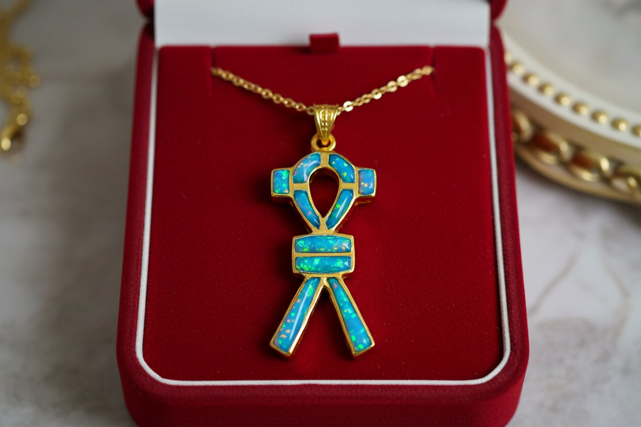 Gold SAA Amulet Opal Pendant, Egyptian Talisman Jewelry Gift Necklace