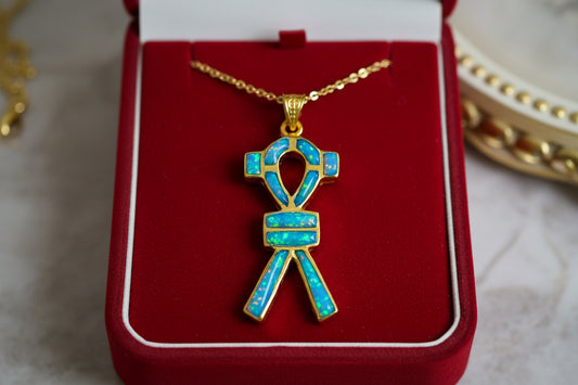 Gold SAA Amulet Opal Pendant, Egyptian Talisman Jewelry Gift Necklace