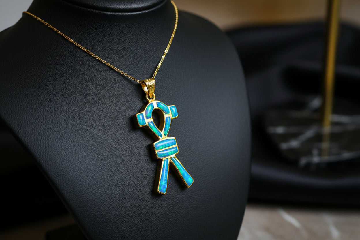 Gold SAA Amulet Opal Pendant, Egyptian Talisman Jewelry Gift Necklace