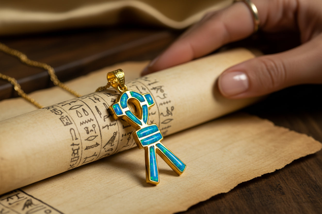 Gold SAA Amulet Opal Pendant, Egyptian Talisman Jewelry Gift Necklace