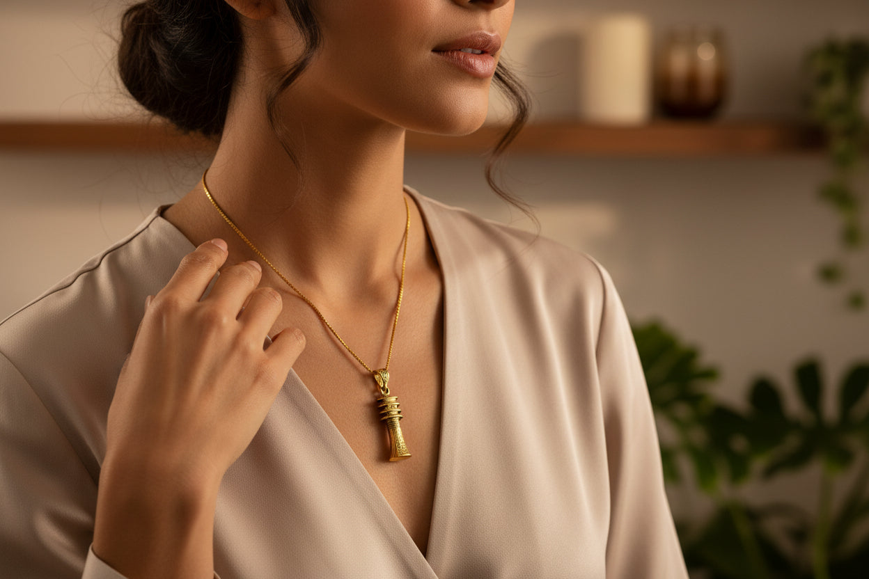 Gold Djed Pillar Pendant, Egyptian Talisman Necklace
