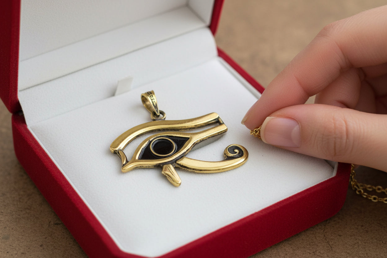 Gold Eye of Horus Pendant, Egyptian Revival Talisman Jewelry
