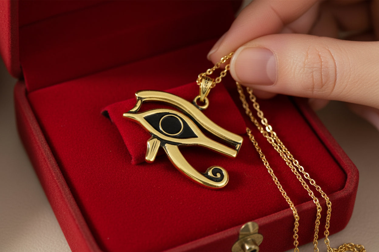 Gold Eye of Horus Pendant, Egyptian Revival Talisman Jewelry
