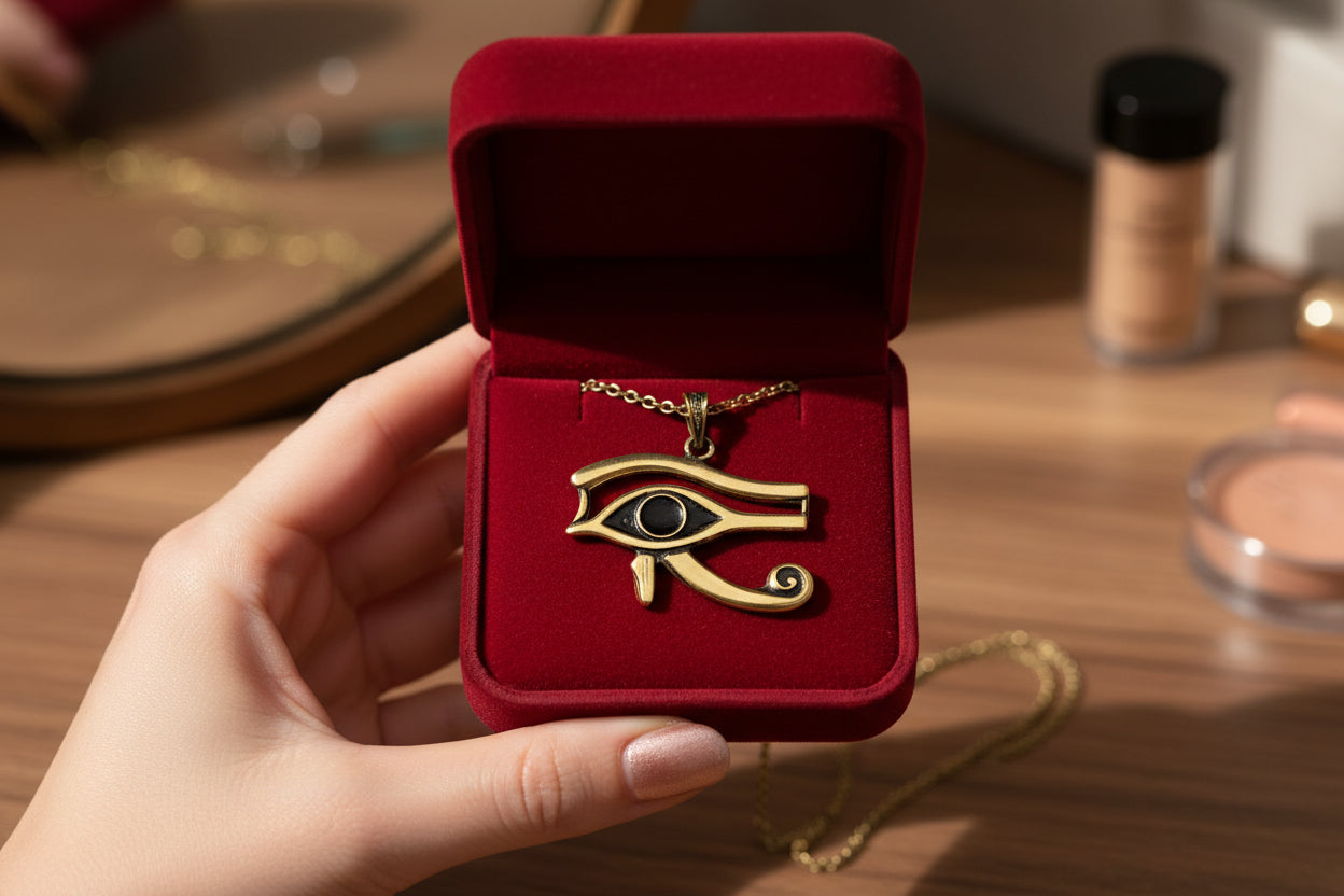 Gold Eye of Horus Pendant, Egyptian Revival Talisman Jewelry
