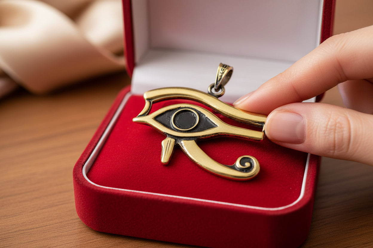 Gold Eye of Horus Pendant, Egyptian Revival Talisman Jewelry