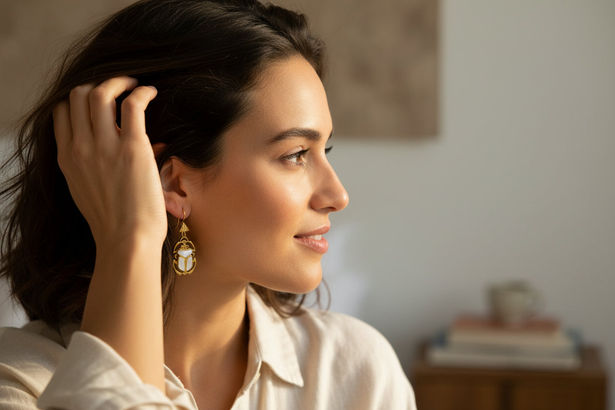 Gold Mother of Pearl Scarab Earrings, Egyptian Talisman Jewelry