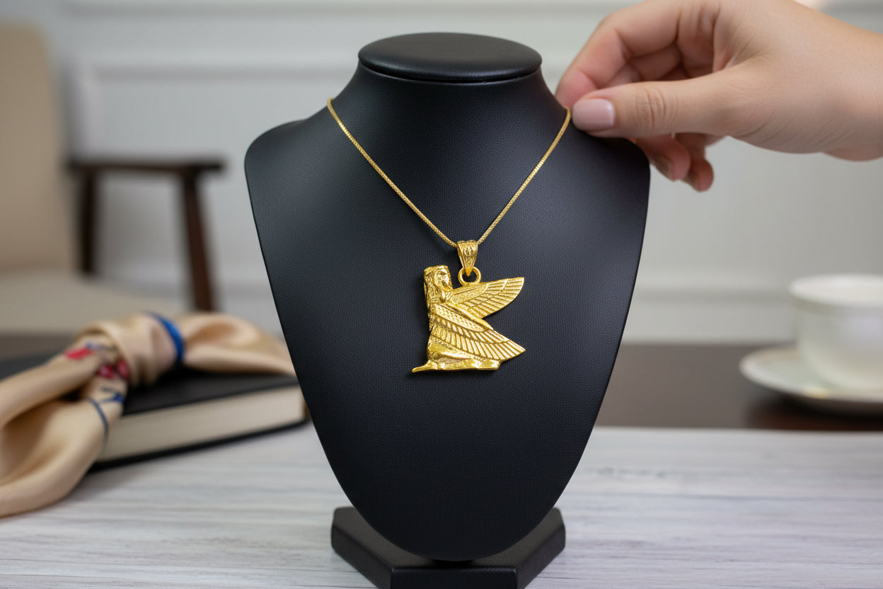 Gold Winged Maat Necklace, Egyptian Goddess Pendant, Divine Gift Jewelry