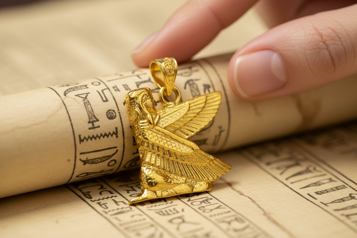 Gold Winged Maat Necklace, Egyptian Goddess Pendant, Divine Gift Jewelry