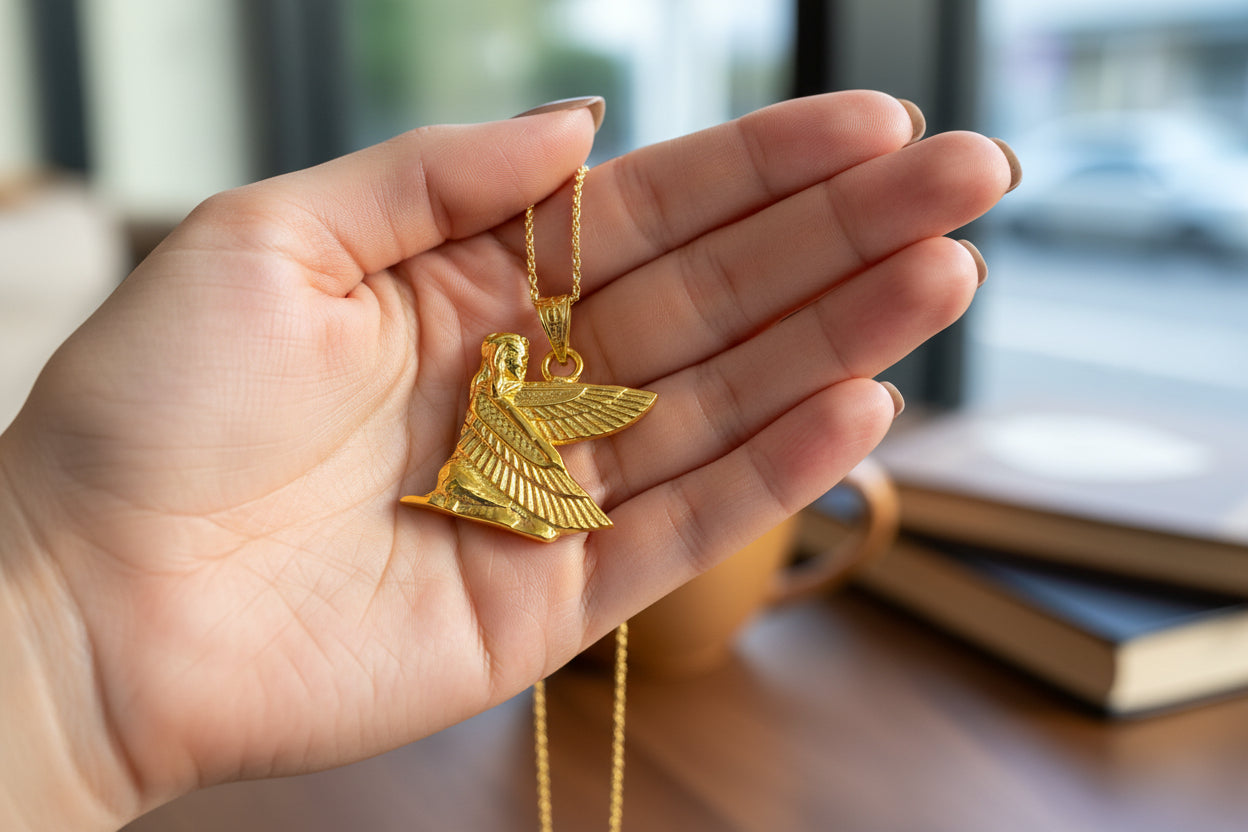Gold Winged Maat Necklace, Egyptian Goddess Pendant, Divine Gift Jewelry