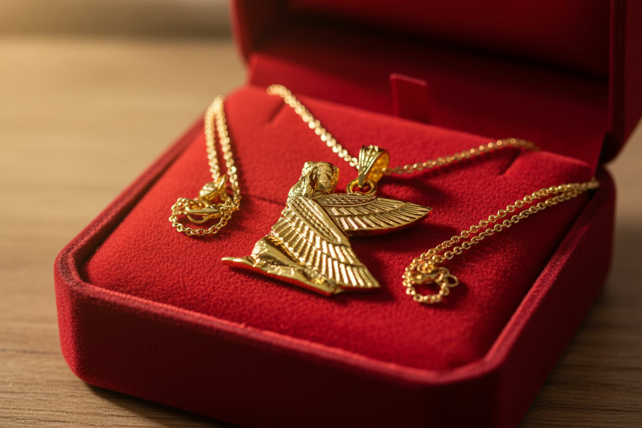 Gold Winged Maat Necklace, Egyptian Goddess Pendant, Divine Gift Jewelry