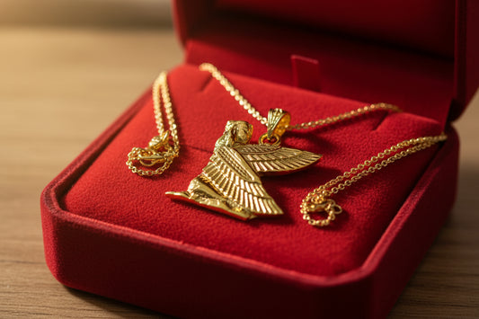 Gold Winged Maat Necklace, Egyptian Goddess Pendant, Divine Gift Jewelry