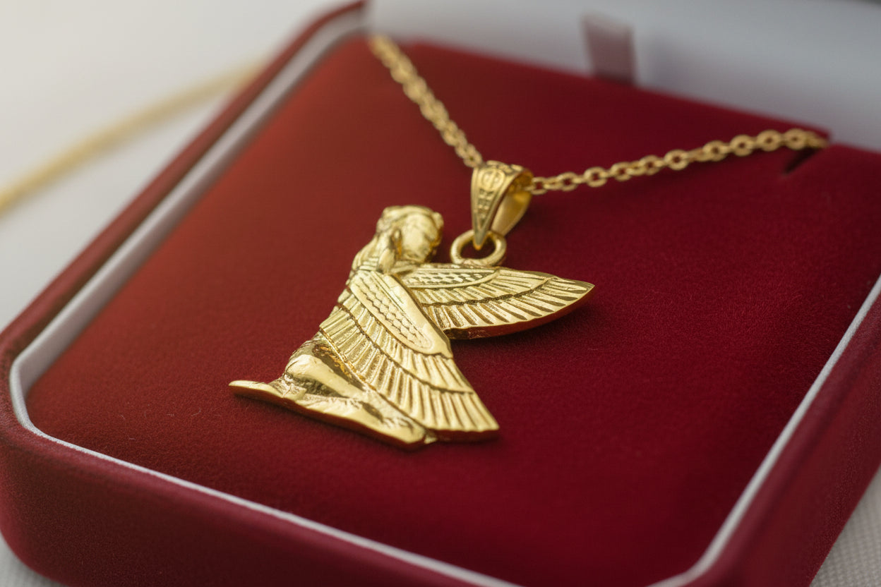 Gold Winged Maat Necklace, Egyptian Goddess Pendant, Divine Gift Jewelry