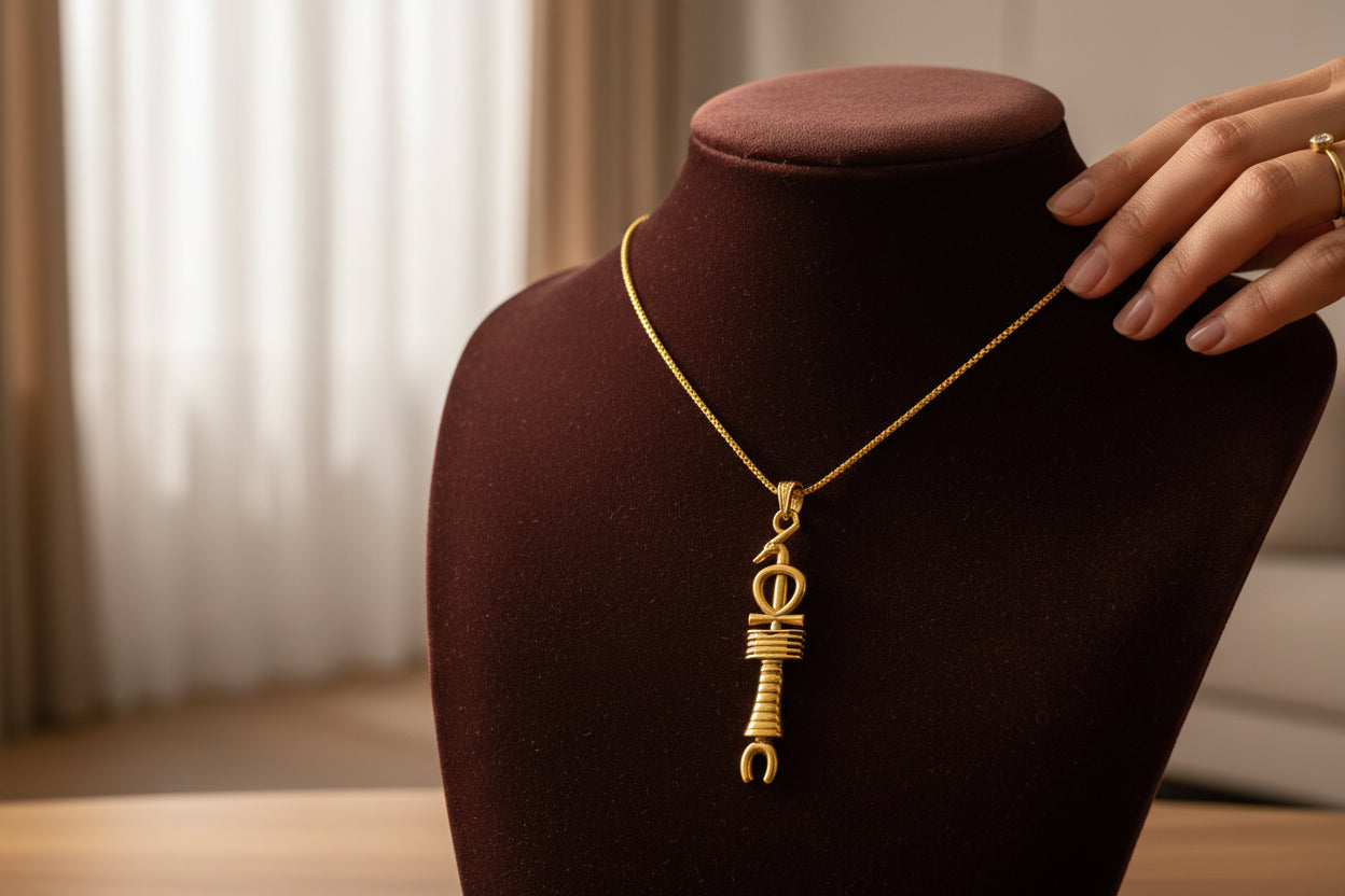 Gold Egyptian Revival Pendant, Ankh, Djed, Was Scepter Talisman