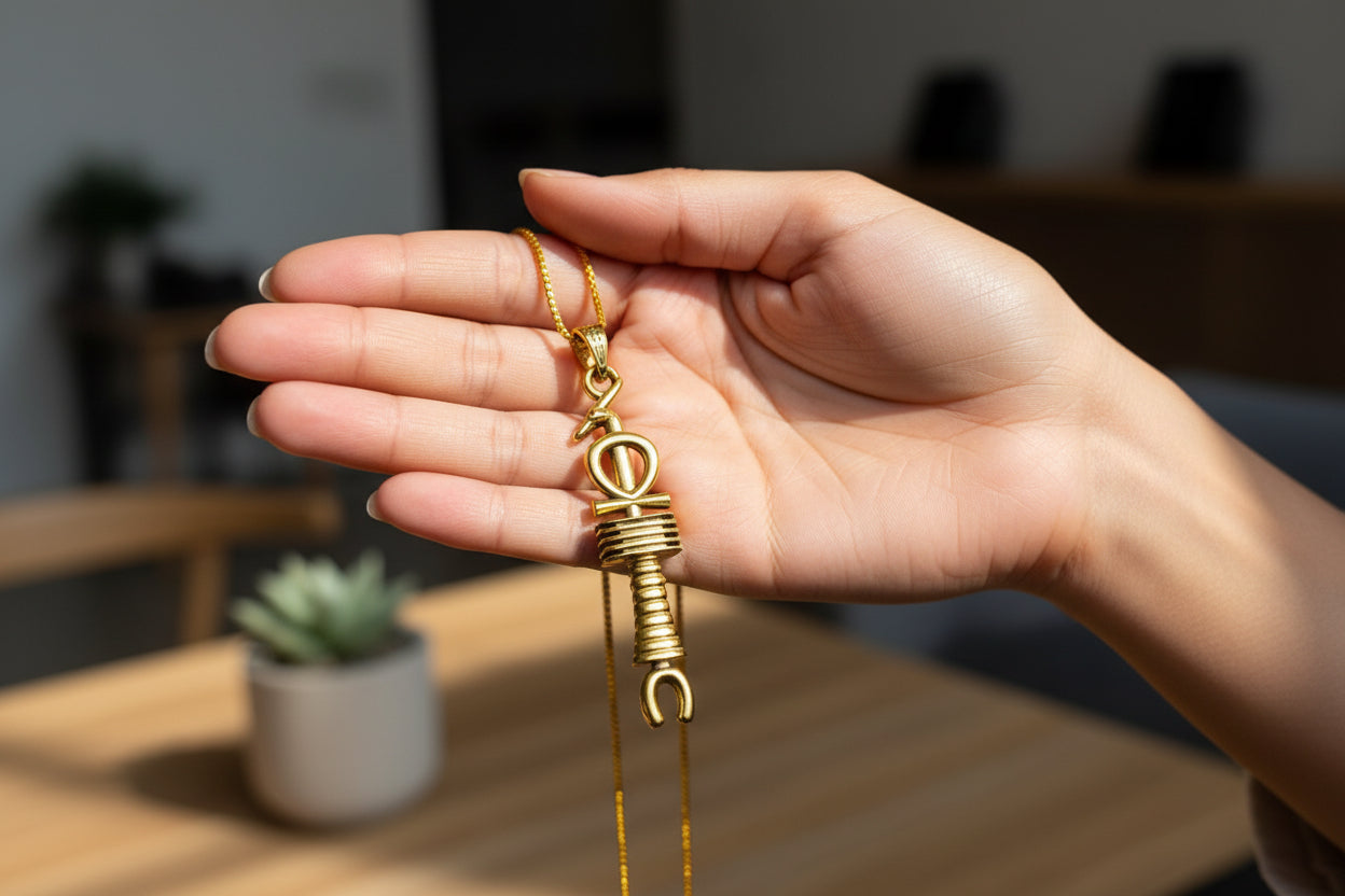 Gold Egyptian Revival Pendant, Ankh, Djed, Was Scepter Talisman