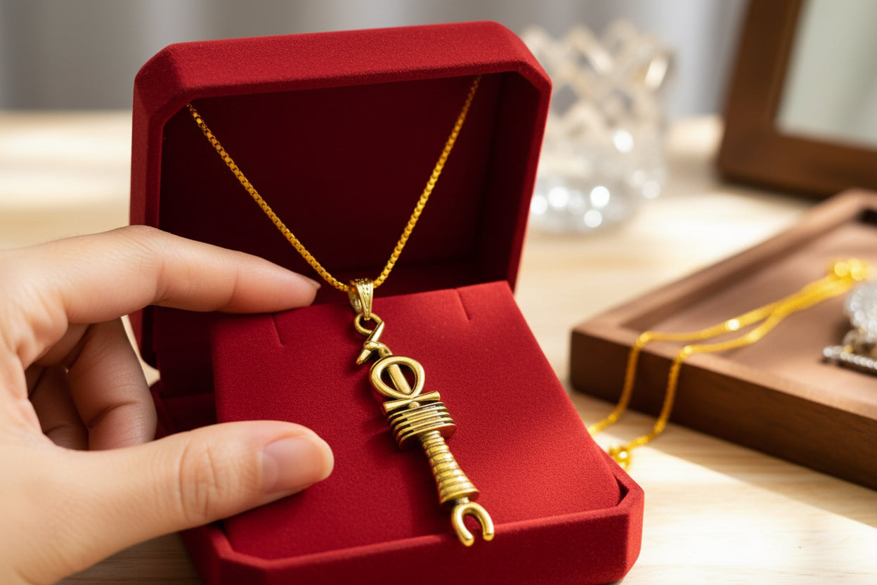 Gold Egyptian Revival Pendant, Ankh, Djed, Was Scepter Talisman