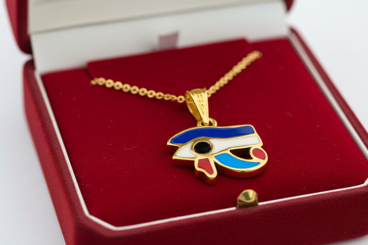 Gold Eye of Horus Pendant, Enamel Egyptian Protection Necklace