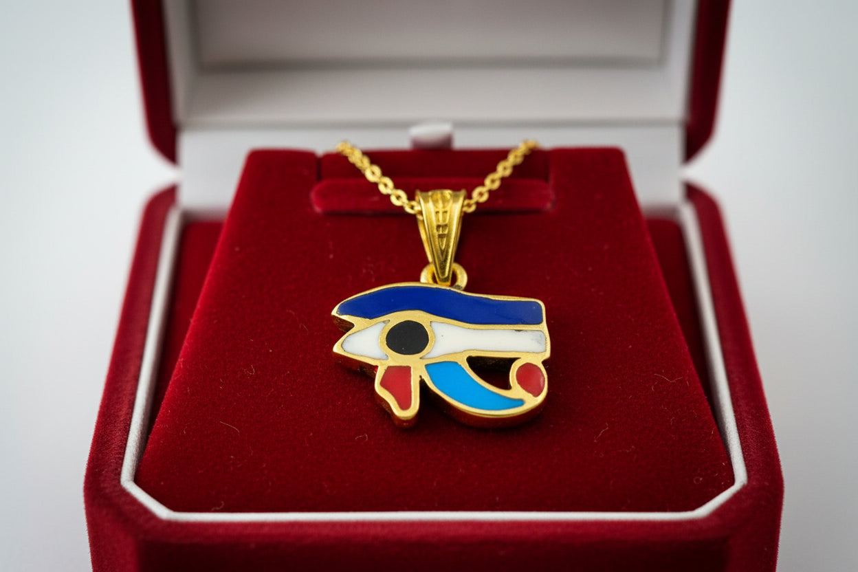 Gold Eye of Horus Pendant, Enamel Egyptian Protection Necklace