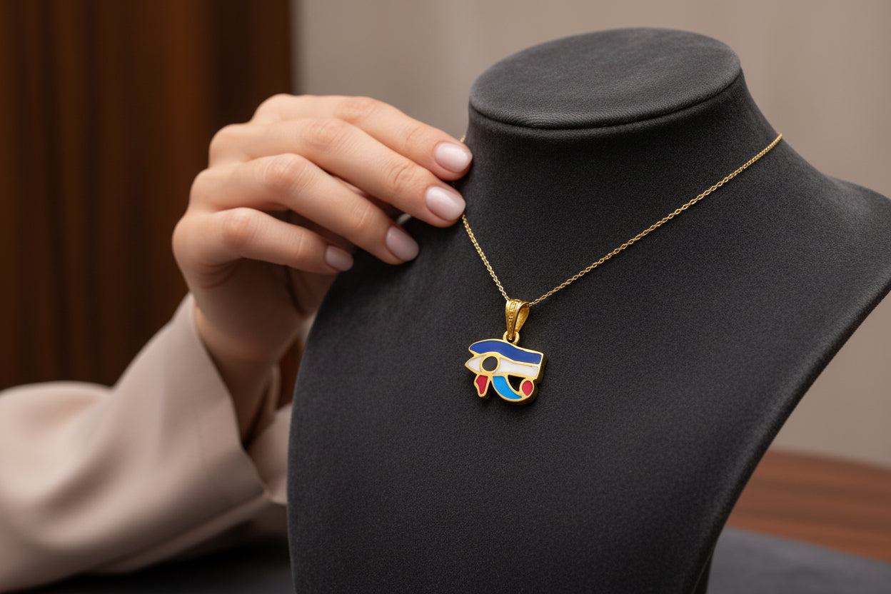 Gold Eye of Horus Pendant, Enamel Egyptian Protection Necklace
